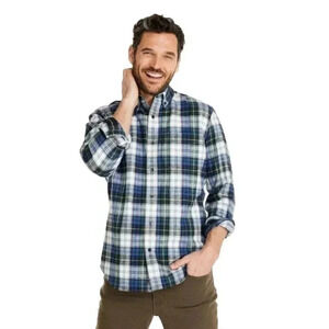 L.L. Bean Green Blue Scotch Plaid Flannel Shirt Slightly Fitted Warm Cozy